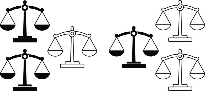 Minimal scales of justice vector illustration featuring balanced legal symbols arranged in clean monochrome 2x2 grid composition design.