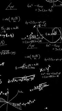 3D animated hand-drawn math formulas drifting slowly on deep dark background. Chalkboard vertical 4K overlay footage.