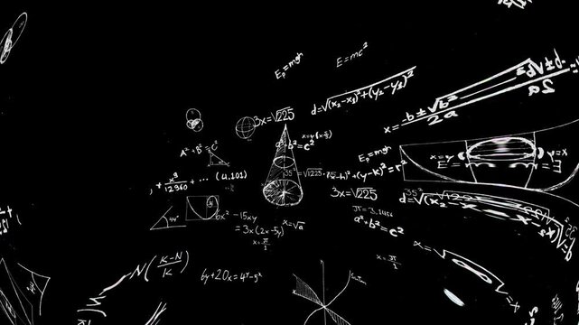 3D animated hand-drawn math equations in white chalk drifting on dark. Use as cinematic overlay or background footage.