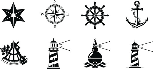 Nautical and Maritime Icon Set Featuring Lighthouse Tower Ship Steering Wheel Anchor Compass Rose Sextant Star and Navigation Buoy Symbols for Marine Designs © Emdadul