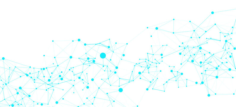 Abstract blue network of connected dots and lines on a white background, symbolizing global digital technology, data, and internet communication.