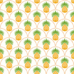 Fototapeta premium Bright seamless pineapple pattern with tropical fruit illustrations on a soft background. Fun summer design.
