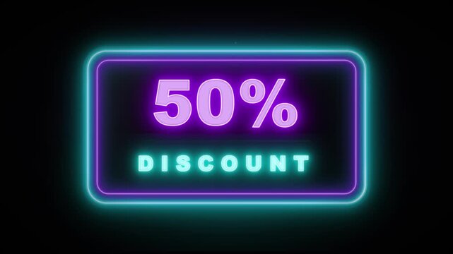Neon sign with 50% discount in purple and cyan against a black background, modern retail promotion