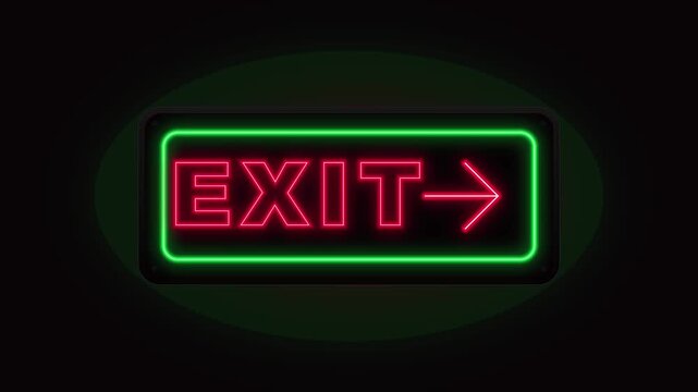 Red neon EXIT sign with arrow and green border on dark background