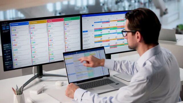 Man Uses Laptop In Office To Organize Calendar