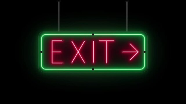 Red neon exit sign with green border and arrow hanging against a dark background