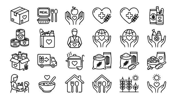 Food donation thin line icon set with charity meal box hearts and volunteer aid symbols vector isolated on white