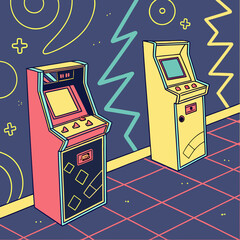 Retro arcade cabinets in neon light room with videogame joystick computer entertainment © riya