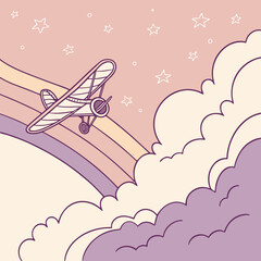 Vintage biplane flying through rainbow and clouds in pastel starry sky background with airplane © riya