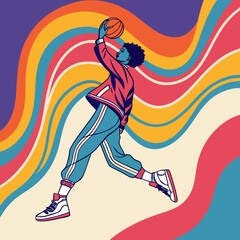 Basketball player jumping for slam dunk with abstract colorful retro background, pop art © riya