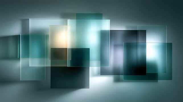 Composition of overlapping semi transparent frosted glass and acrylic sheets creates modern abstract design with soft lighting and shadows
