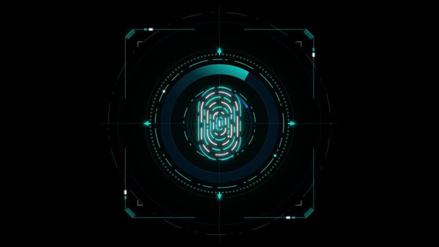 High-tech biometric scanner displaying a glowing fingerprint within a digital targeting reticle on a dark background