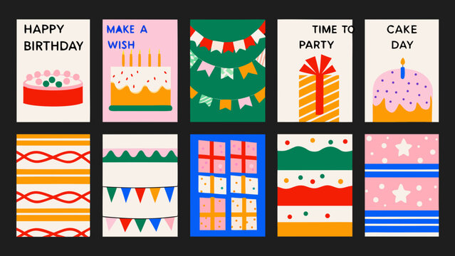 birthday card suite with colorful geometric designs and festive elements
