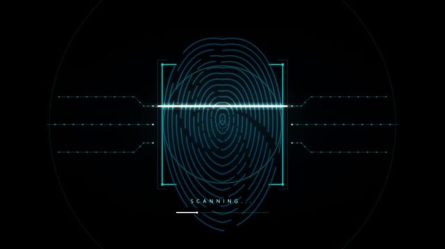 Blue digital fingerprint scan with scanning progress bar and dark background