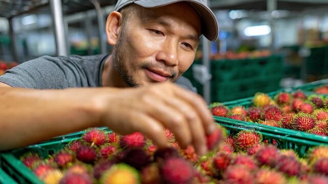 Fruit Vendor Inspects Rambutan: A male fruit vendor with a focused expression meticulously inspects a crate overflowing with fresh, ripe rambutan, ready for sale.