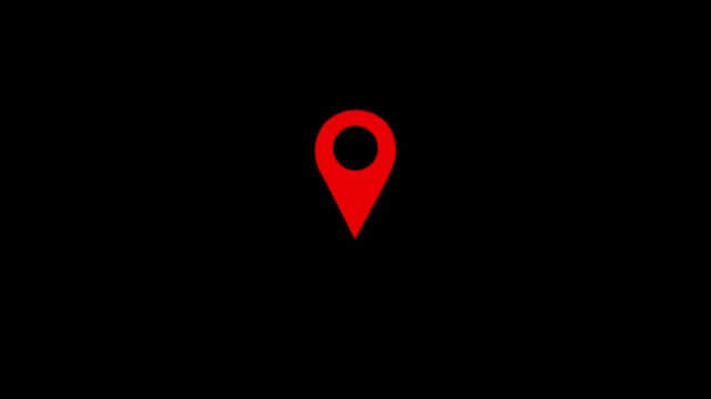 Red map pin point icon with dynamic marker placement reveal, route indication sign and radio wave signal on black background for modern digital navigation and GPS destination tracking. 4k