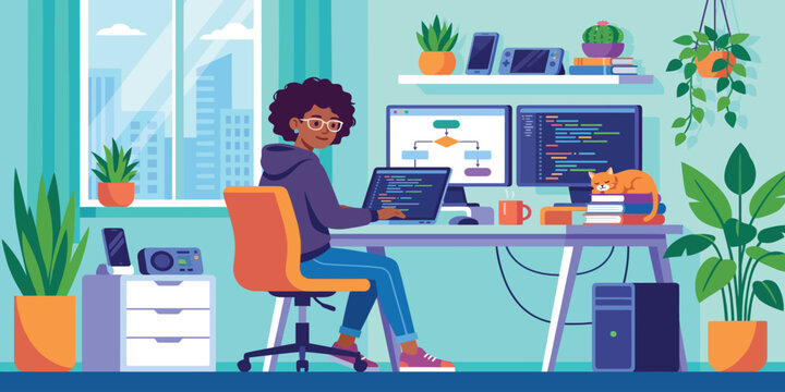 Female Programmer Working on Laptop Flat Vector Illustration