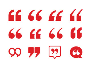 Obraz premium Set of red quotation marks and speech bubble icons in various typography styles. Clean vector commas symbols isolated on a white background for quote layouts.