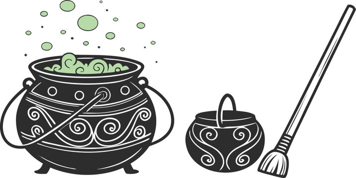 Witch cauldrons with bubbling green potion and broomstick vector illustration