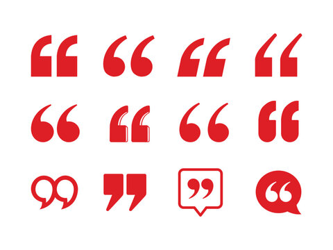 Set of red quotation marks and speech bubble icons in various typography styles. Clean vector commas symbols isolated on a white background for quote layouts.