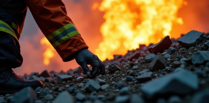Close-up, firefighter's hand searching rubble , damaged, texture