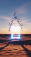 Obraz premium A glowing holographic frame stands in a vast desert landscape as iridescent balloons float gently under the warm glow of soft sunlight, vast, creative, rendering