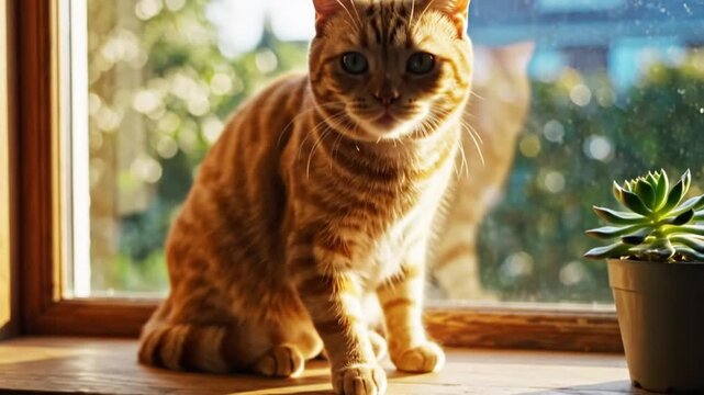 Ginger tabby cat yawning and then looking at the camera while sitting on a windowsill next to a succulent plant and sunlight