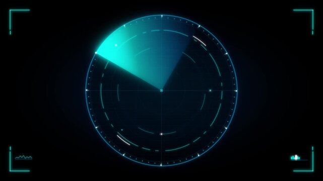 Futuristic digital radar screen interface with glowing blue and green on a dark background
