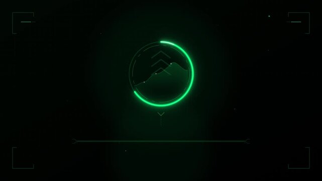 Futuristic green circular HUD with a mountain-like graph and data processing indicators