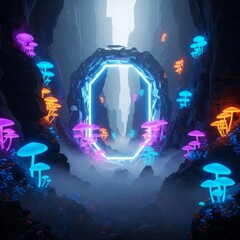 Naklejka premium A massive crystalline portal stands deep within a mystical rocky canyon surrounded by towering neon mushrooms and ethereal luminescent mist, transparent, gateway, cave