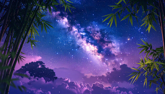 幻想的な竹林と天の川の星空背景｜七夕をイメージした銀河と夜空のファンタジー風景