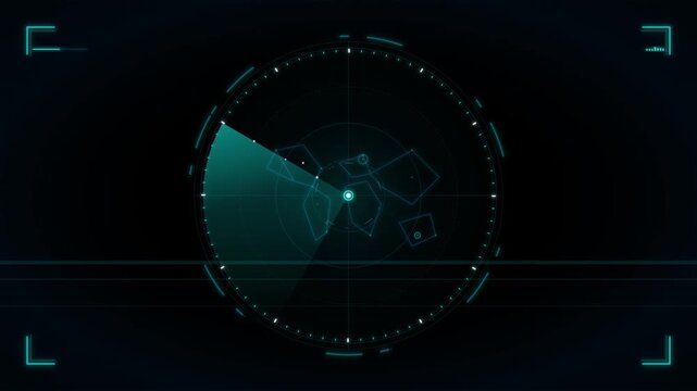 Advanced digital radar interface with geometric target shapes and a rotating scan sweep in a dark futuristic setting