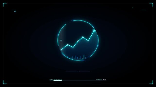 Circular futuristic interface displaying a bright teal line graph with bar chart and data analysis indicators