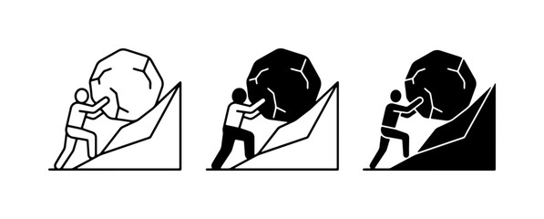 Man Pushing Boulder Uphill, Effort, Struggle, Challenge Icons © Shamim