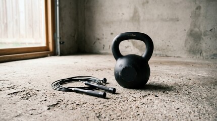 Kettlebell and jump rope on a concrete floor in a gym setting