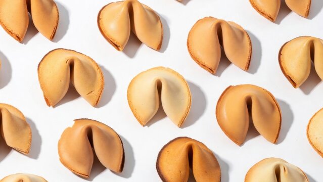 Fortune cookies arranged in pattern on white background