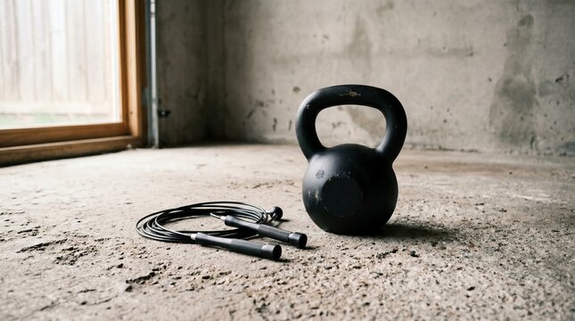 Kettlebell and jump rope on a concrete floor in a gym setting