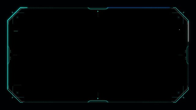 Digital HUD frame with glowing cyan lines and markers on a black screen for futuristic interfaces