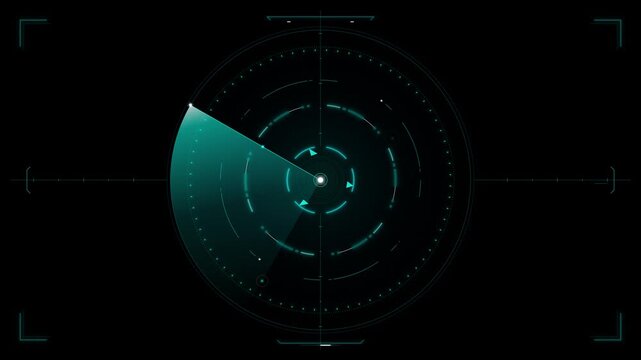 Digital radar interface with a rotating scan line and abstract data visualizations on a dark background