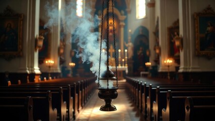 Obraz premium Incense censer swinging and smoking inside church nave