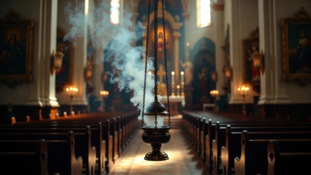 Incense censer swinging and smoking inside church nave