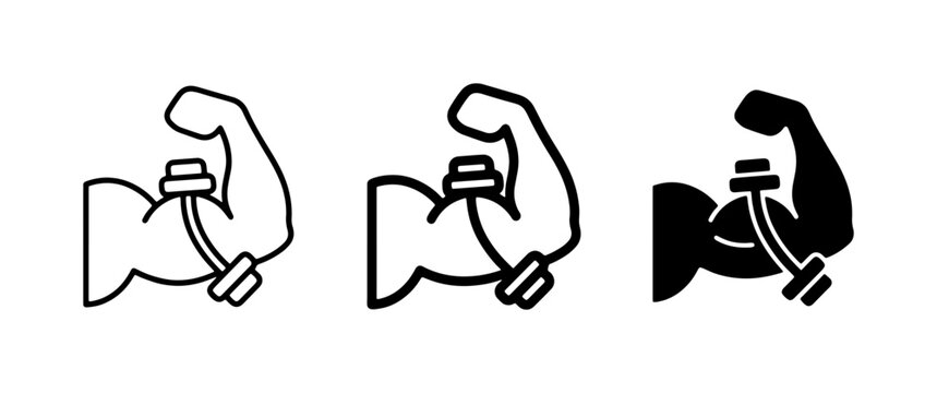 Muscle Arm Icon Set, Bicep Flexing with Dumbbell, Strength and Fitness Vector Graphics