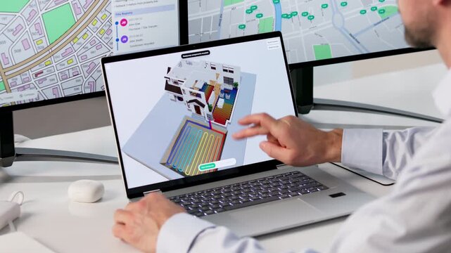 HVAC Engineer Using Laptop Designs Sustainable Heat Pump System
