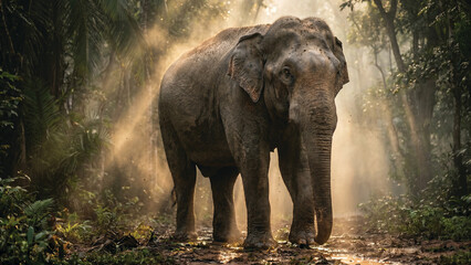 Fototapeta premium Majestic 8 Feet Sri Lankan Wild Elephant in Golden Jungle Sunrise – Ultra Realistic Wildlife Photography