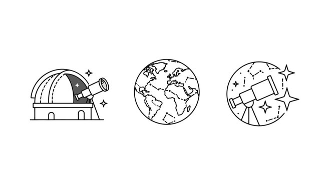 Illustrated astronomy icons with observatory and telescopes.