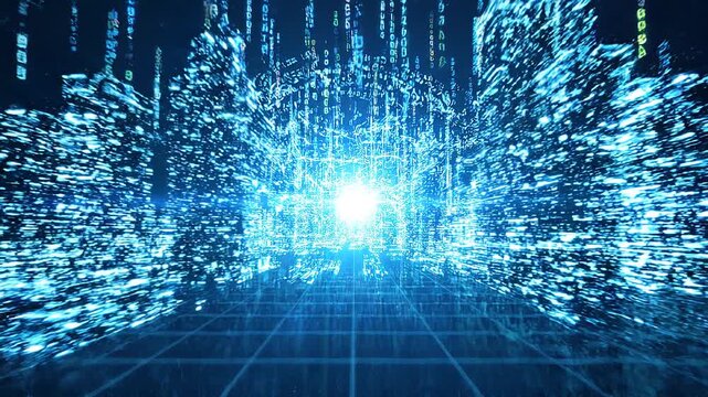 Abstract digital landscape with glowing blue binary code and data streams forming a futuristic tunnel towards a bright light.