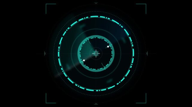 Teal digital targeting scope with multiple concentric circles and corner brackets on black