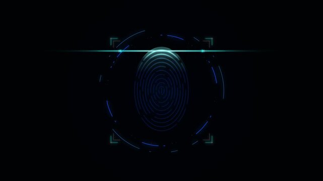 Advanced biometric fingerprint scanner with glowing cyan and blue digital against a black void