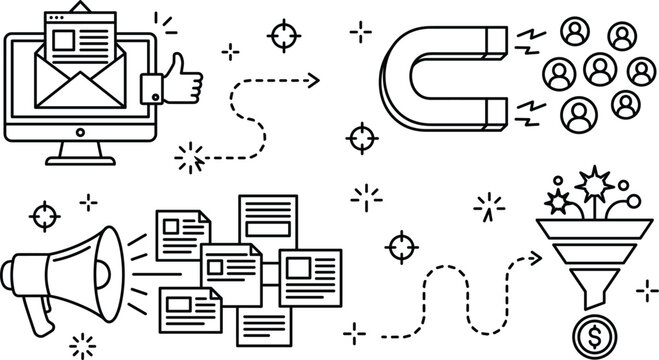 Digital inbound marketing lead generation sales funnel conversion and email advertising campaign strategy abstract concept line icon set