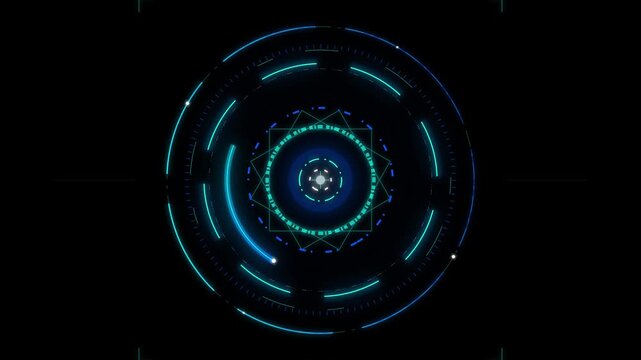 Advanced technological interface with intricate cyan and blue geometric patterns and glowing concentric circles on black
